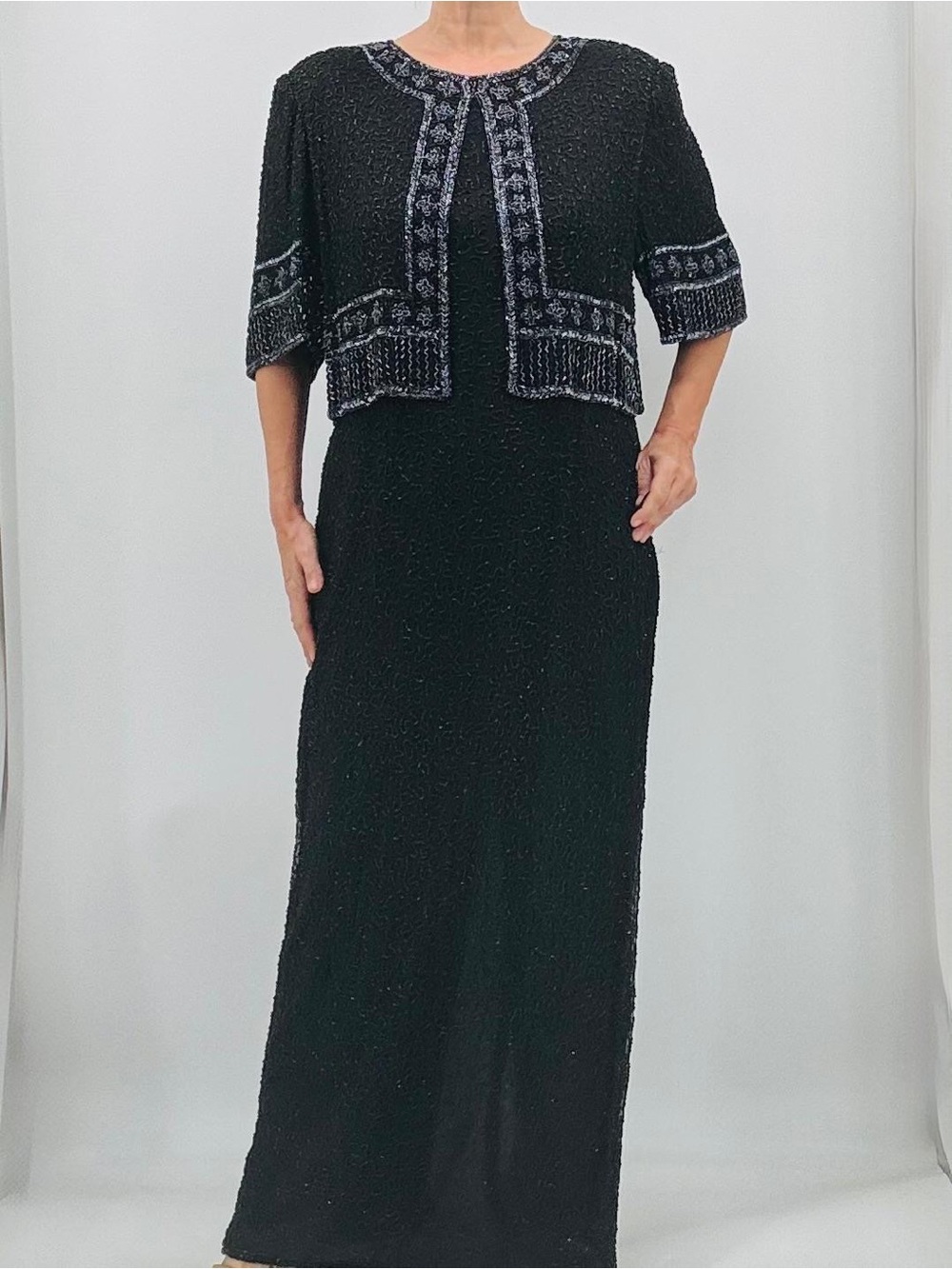 Vintage 90s Laurence Kazar Art Deco Glam Beaded Silk Wedding Bolero Evening Gown